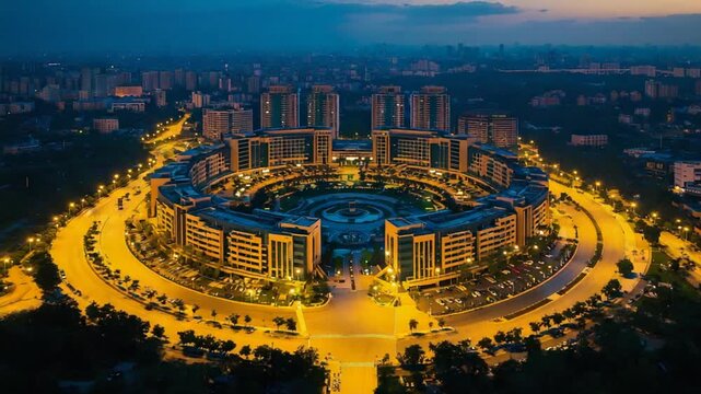 drone view of dlf cyber city corporate skyline in gurgaon, timelapse from day to night conceptual buildings video