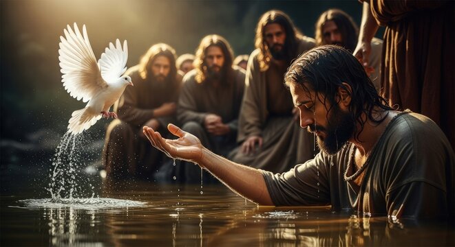 Jesus Christ is baptized in the Jordan River as a dove descends upon the water, surrounded by followers observing this sacred moment. Religious ceremony.