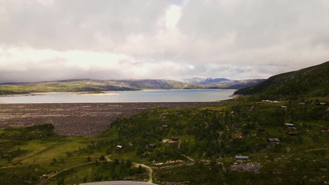 Aerial view of Voringsfoss lake and dam, Norway.