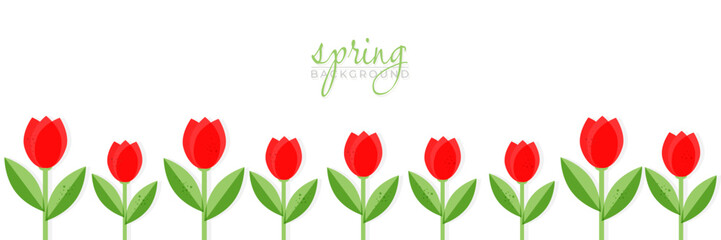 A row of bright red tulips with layered shading and fresh green leaves arranged in a clean horizontal layout. A light and cheerful composition suitable for decorative and seasonal themed visuals
