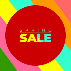 Vibrant circular sale badge on colorful diagonal stripes with bold Spring Sale typography. A bright, modern promotional layout ideal for seasonal campaigns and eye-catching advertisements