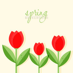 Bright red tulip shapes with layered shading and green leaves on a light background create a clean and cheerful composition. A fresh decorative layout suitable for seasonal themes and greeting visuals