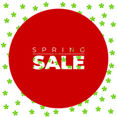 Bold red circle with large SALE lettering filled with small green flowers, surrounded by a scattered flower pattern. A bright and striking layout suitable for seasonal advertising