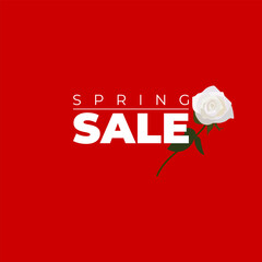 Minimal composition featuring a white rose and Spring Sale text on a bright red background. A bold, eye catching design suitable for seasonal offers and promotional use