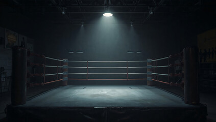 Dimly lit boxing ring with spotlight, gym atmosphere
