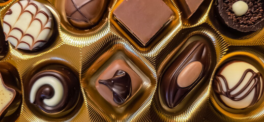 Assorted gourmet chocolates in elegant golden box with rich textures