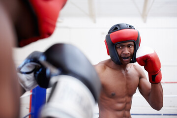 Sport, black men and boxing for match, exercise or practice with challenge in ring. Boxer, people or fight for training with fitness competition, combat or workout with headgear for protection in gym