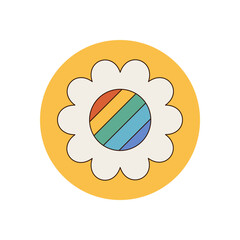 Colorful retro groovy daisy circle sticker with rainbow and flower accent. Round seal for box or package lid, vibrant y2k style for playful product appeal.