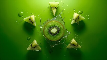 kiwi fruit slice splash with fresh green wedges on bright green background