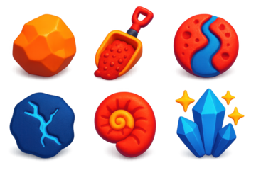 Set of six different colored objects, including a rock, a shovel, a crystal