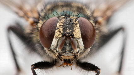 A macro shot of a fly's face, showcasing its compound eyes and intricate details.