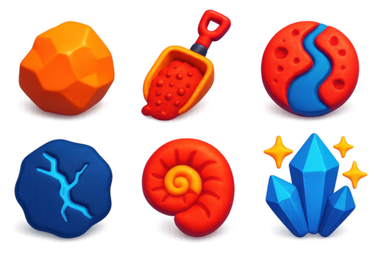 Set of six different colored objects, including a rock, a shovel, a crystal