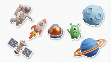 3D rendered space sticker set with astronaut alien rocket and planets