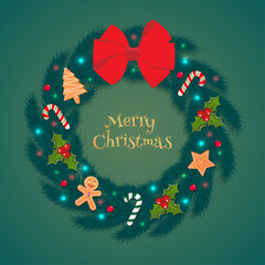 Christmas Wreath with Gingerbread Cookies and Red Bow &ndash; Festive Pine Decoration with "Merry Christmas"Text