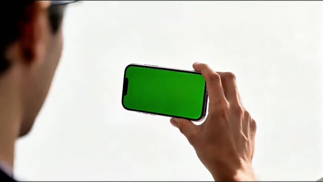 Man Holding Smartphone with Green Mock-up Screen in Horizontal (Landscape) Mode. Person Viewing or Interacting with Virtual Content on Phone Display. Chroma Key Template for Video, Gaming, or Data Vis