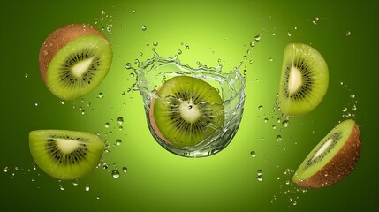 kiwi slices splash in water with green background
