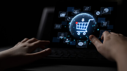 Concept of e-commerce and online shopping technology. A digital marketplace with a customer shopping cart, payment options, and worldwide delivery for a complete retail experience. Fermion