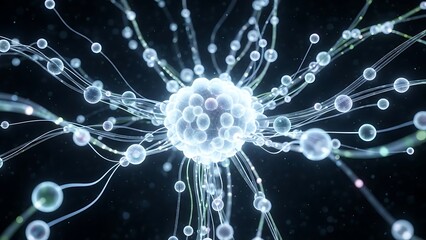 3D abstract render of a glowing neural network structure with connecting pathways against a dark background