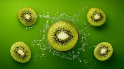 kiwi slices on green background with splash water