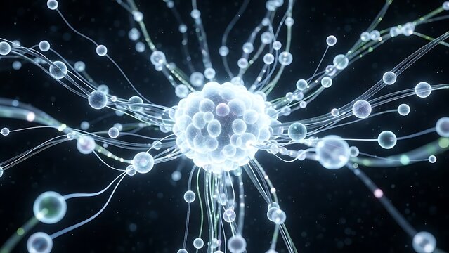 3D abstract render of a glowing neural network structure with connecting pathways against a dark background - Powered by Adobe