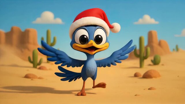 Happy Roadrunner Wearing a Santa Claus Hats in the Desert