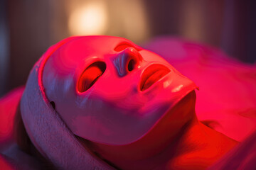 LED light therapy face mask glowing on woman relaxing in spa, futuristic skincare treatment for rejuvenation and beauty, soothing atmosphere with red illumination