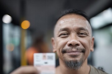 Asian man smiling, holding an identity document with a blurred background