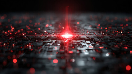 Digital Battlefield Futuristic Landscape of Interconnected Microchips and Circuitry, Illuminated by Central Pulsing Red Energy Core, Representing High-Speed Data Processing, AI, Quantum Computing