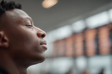 Young black man closing eyes feeling calm and waiting in a modern public transport building