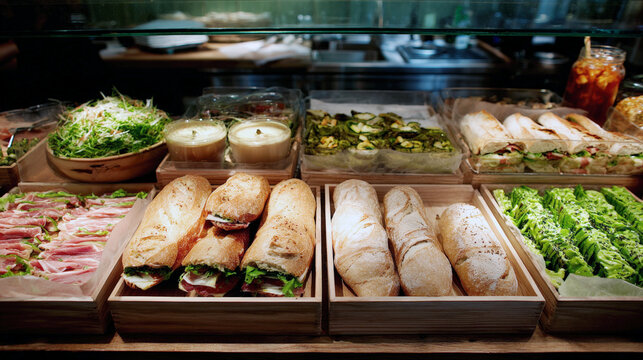 Appetizing Deli Counter Display: Freshly Prepared Sandwiches in Crispy Baguettes, Gourmet Prosciutto Rolls, Assorted Salads, and Roasted Vegetables, Showcasing Healthy and Delicious Lunch Options