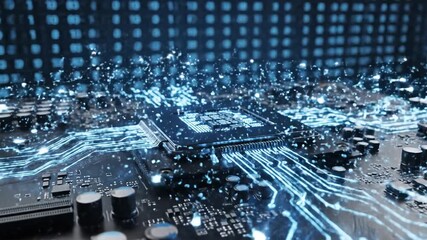 Closeup of a powerful CPU processing data with glowing blue light trails symbolizing advanced technology artificial intelligence and highspeed computing on a circuit board. - Powered by Adobe