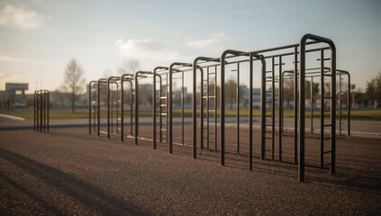 Outdoor fitness equipment in a park at sunset