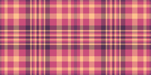 Costume check seamless pattern, merry textile background tartan. National fabric texture vector plaid in pink and orange colors.