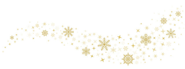 Repeating Christmas border made of gold snowflakes and shiny stars arranged in a decorative wave. Luxury winter trim for packaging, invitations, posters and seasonal branding. Vector design.