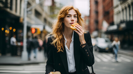 Fototapeta premium Une femme d'affaires mangeant un sandwich tout en traversant une rue de la ville.