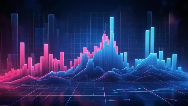 Digital Data Dynamics: A vibrant visualization of digital data surges with radiant hues of blue and pink, showcasing the intricate ebb and flow of information across a dynamic, futuristic landscape.