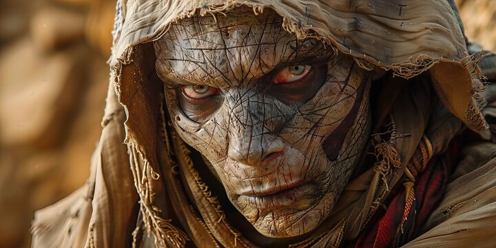 Ancient cursed mummy creature, its cracked desiccated skin and tattered hood frame a piercing gaze. Undead entity emerges from a barren desert, mysterious spirit.