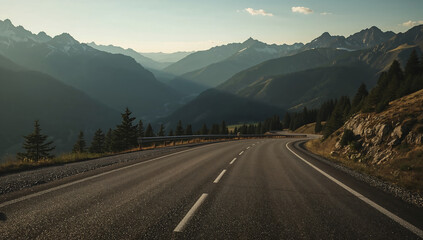 Naklejka premium Winding Road Through Mountain Pass at Sunset