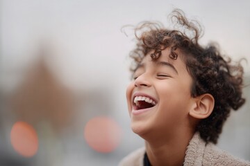 Close up view of a cheerful boy with curly hair laughing with joy