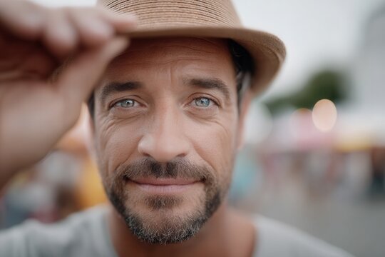 Cheerful latino man adjusting his straw hat and smiling directly at viewer