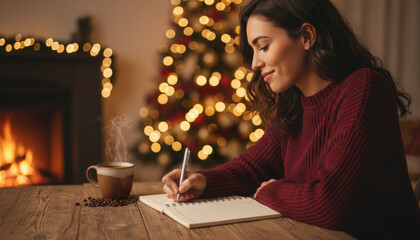 A woman writes thoughtfully at a table as sparkling holiday lights create a warm seasonal mood