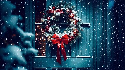 Snow falling gently on a festive christmas wreath with a red bow, hanging on a dark wooden door at night, creating a magical and cozy holiday atmosphere with festive lights in the background - Powered by Adobe