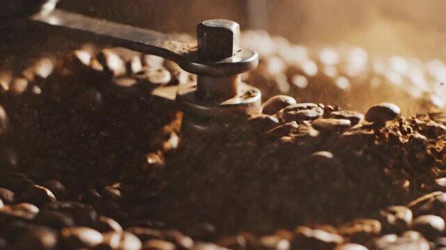 Brown roasted coffee beans tumbling in industrial roaster machine close up macro