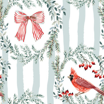 Christmas seamless pattern, cardinal birds, green twigs wreath, red berries, bow, striped background. Vector illustration. Wrapping design. Season greeting. Winter holidays