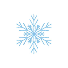 Blue snowflake symbol in crayon style. Winter frost element and frozen ornament with cold ice and chill. Unique snow flake shape, ideal for christmas or seasonal holiday decorative graphics.