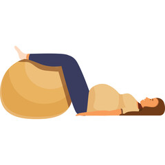 Pregnant Woman Lying Down Resting Her Legs On A Large Stability Ball During Exercise Or Relaxation In A Studio Setting With A Neutral Expression