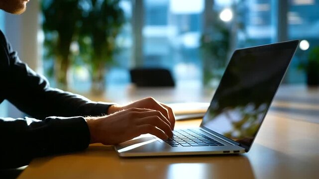 Faceless silhouette of a person typing on a laptop in a bright coworking space, background softly defocused, minimalist interior, with copy space