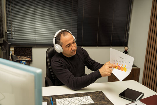 Man wearing headphones displaying business plan chart during online meeting