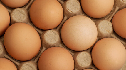 Brown chicken eggs in cardboard tray, top view. Fresh organic eggs in eco-friendly paper carton. Natural farm product with smooth shells arranged in simple geometric pattern. Egg tray concept.
