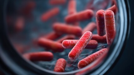A close up of red bacteria in a glass